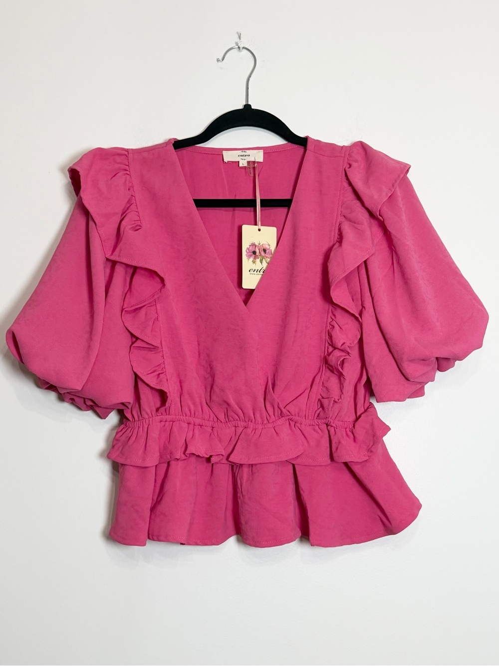 NWT Entro Pink Textured Ruffle Puff Sleeve Peplum Blouse L - Picture 2 of 9